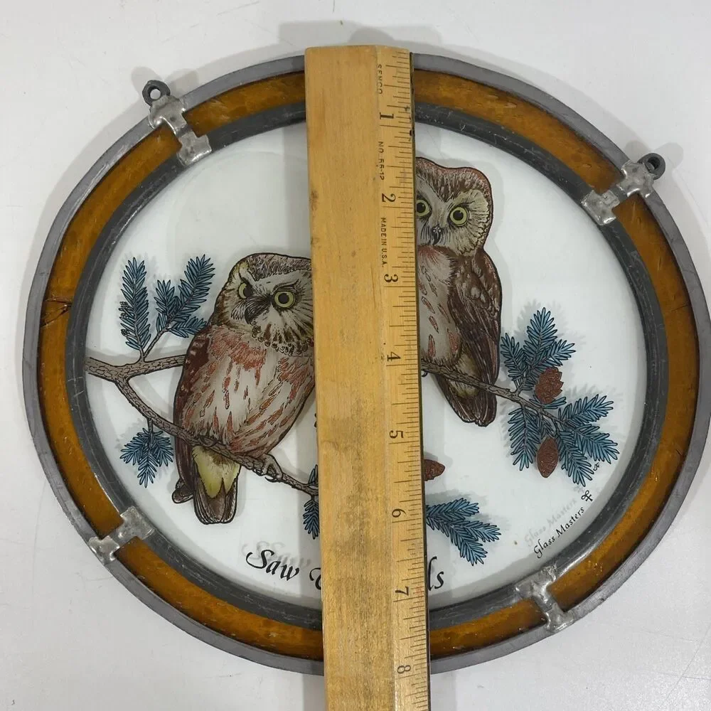 Glass Masters Stainglass Windows Hanging Saw‎ Whet Owls 9”x 8” READ